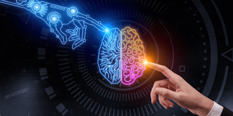 llustration de la synergie entre une main humaine et une main robotique, touchant un cerveau numérique fait de circuits lumineux