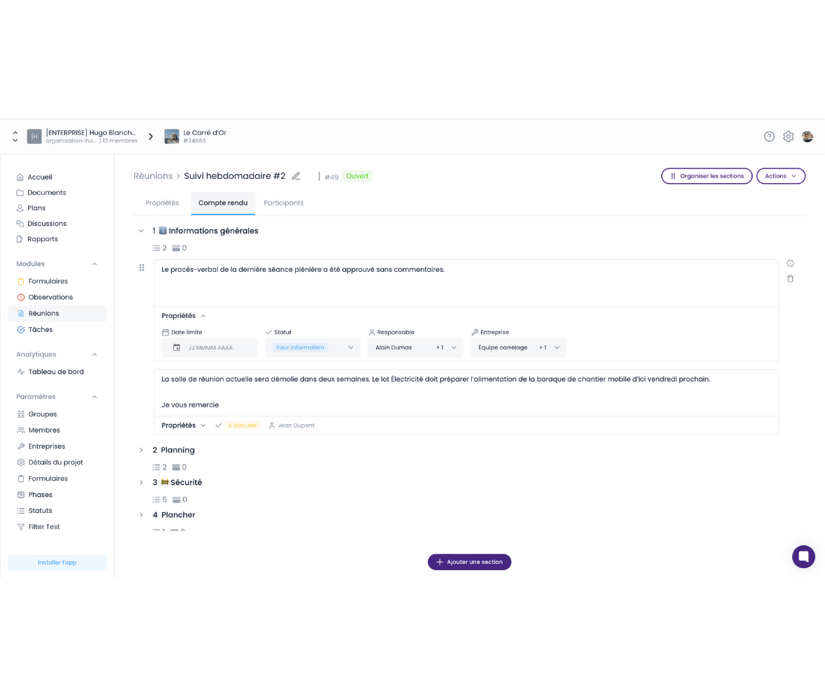 capture d'écran du module réunion de chantier du logiciel BTP Finalcad