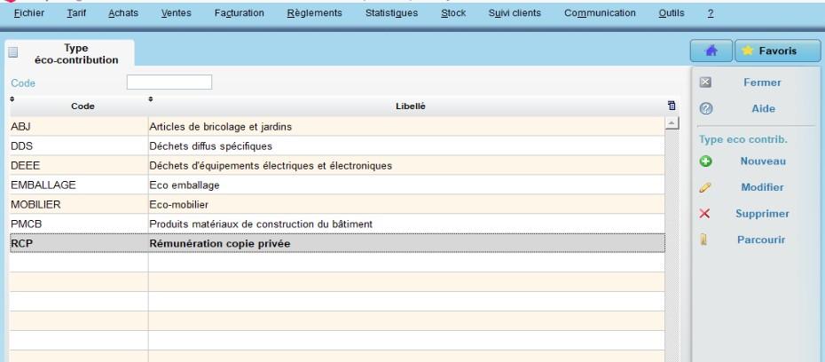 capture d'écran du logicilel onaya negoce - gestion des éco contribution