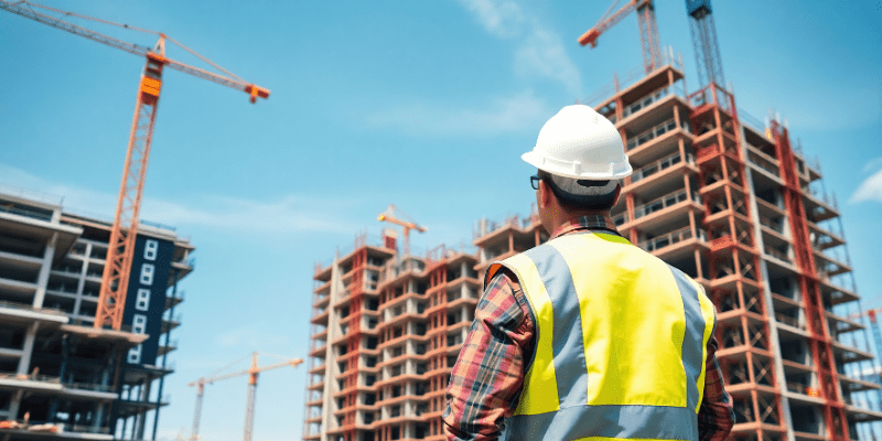 Coordinateur SPS avec casque blanc et gilet jaune supervisant un chantier de construction avec grues.