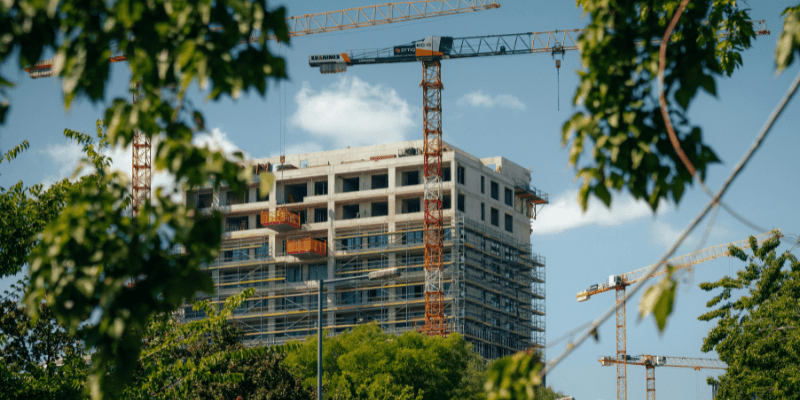 Vue d'un chantier de construction de bâtiment avec grues à travers un feuillage vert.