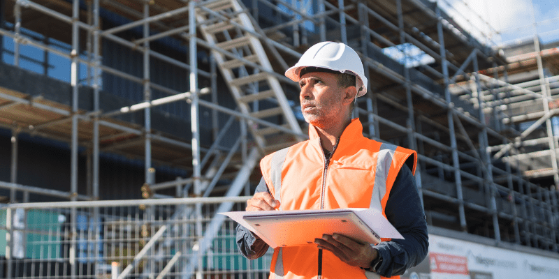 Superviseur de chantier en casque blanc et gilet orange utilisant une tablette numérique devant un échafaudage.