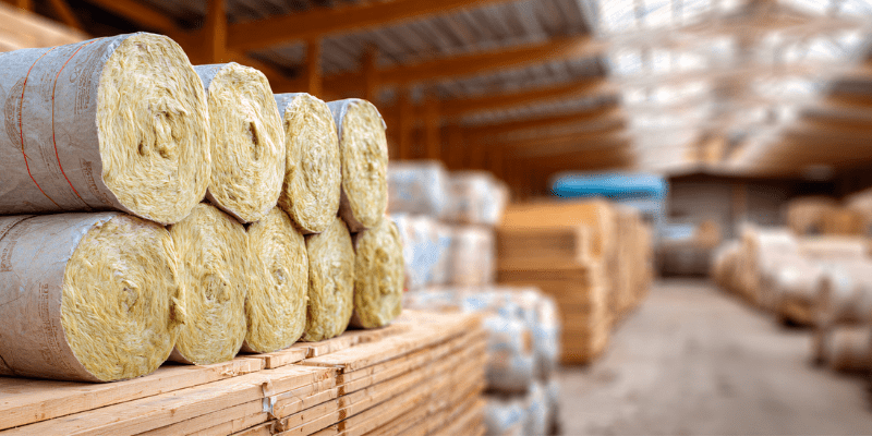 Stockage de rouleaux d'isolation et panneaux de bois dans un entrepôt de négoce de matériaux de construction.