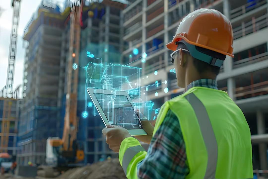 Professionnel du BTP utilisant une tablette avec des hologrammes de données et des structures 3D sur un chantier.