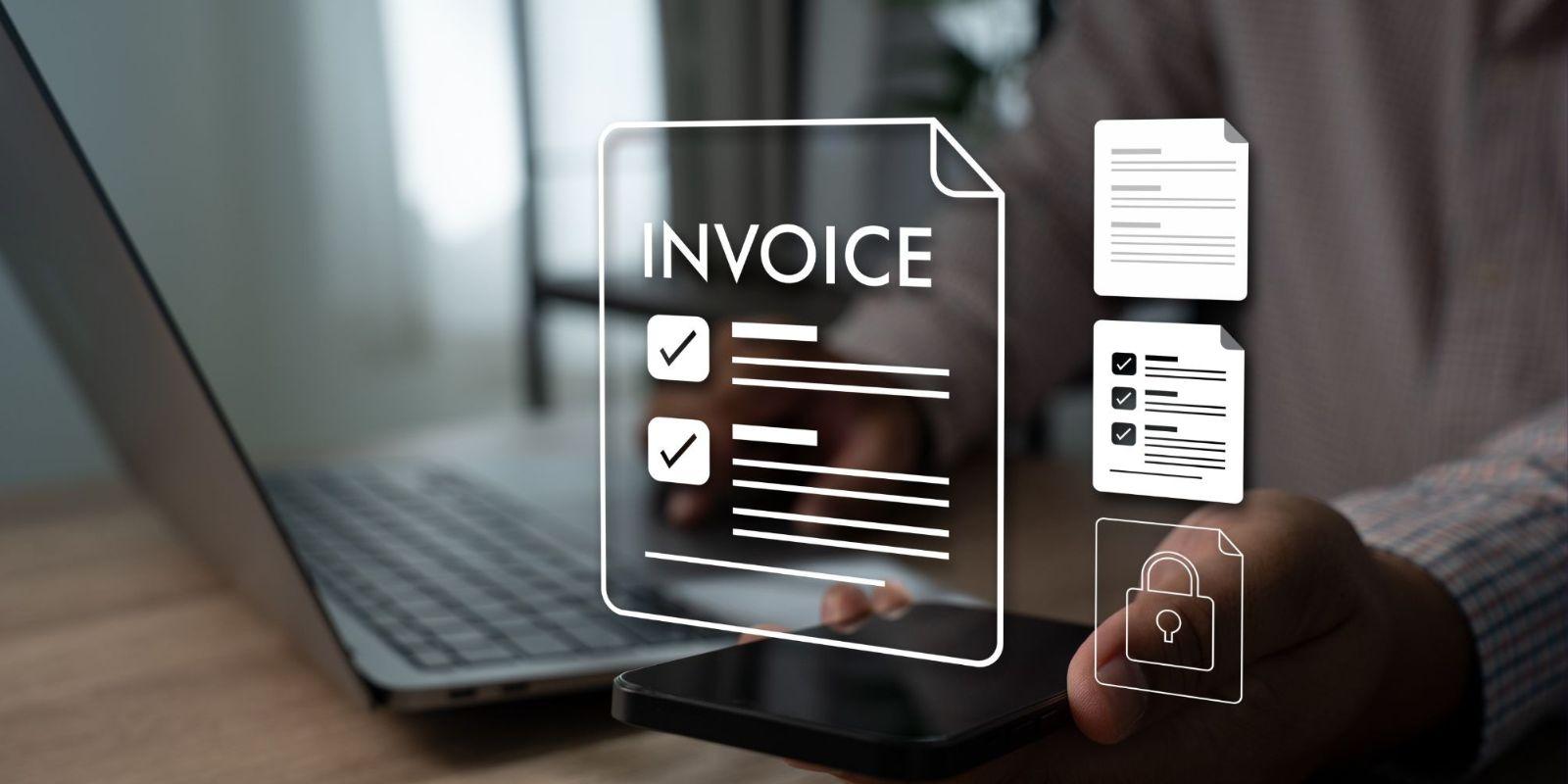 Illustration conceptuelle de la réforme de la facturation électronique pour les entreprises du BTP et du Négoce : un smartphone affichant un hologramme de facture numérique sécurisée avec des icônes de validation.
