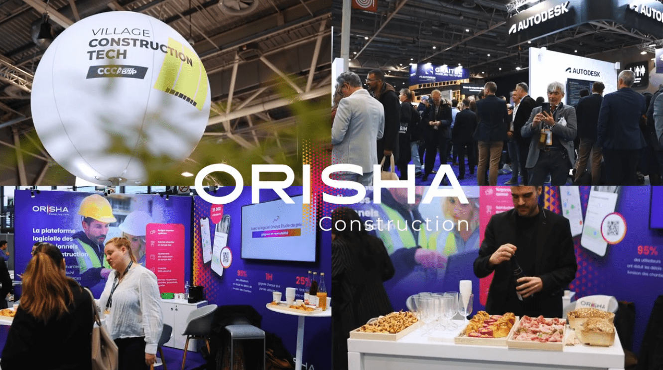 Stand d'Orisha au salon Village Construction Tech, avec des professionnels discutant de solutions logicielles