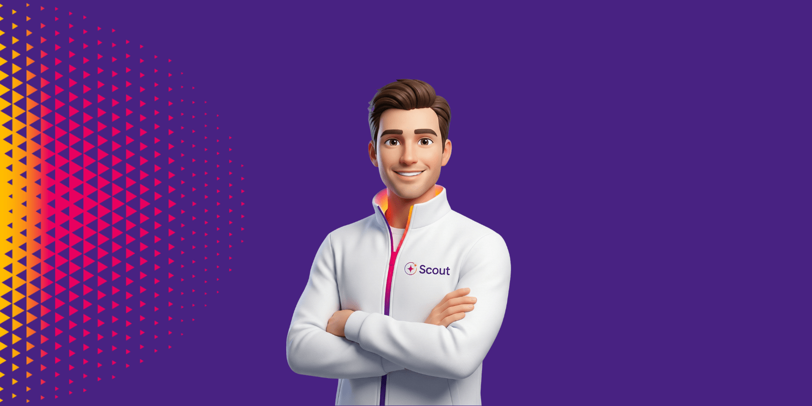 Illustration 3D d'un personnage masculin souriant portant une veste blanche avec le logo Scout, bras croisés sur un fond violet avec motifs géométriques.