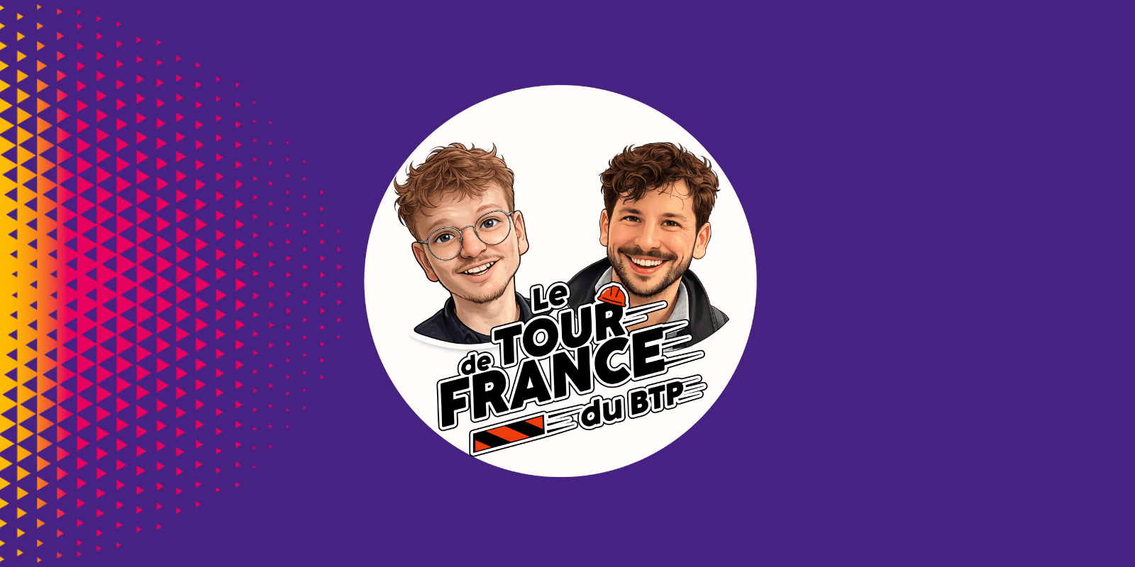 Illustration du "Tour de France du BTP" montrant deux hommes en version cartoon souriants dans un cercle blanc sur fond violet.