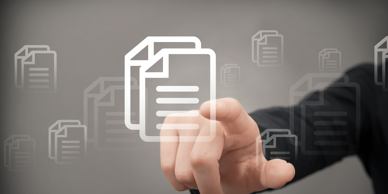 Gros plan d'un doigt touchant une icône numérique de documents superposés, symbolisant la dématérialisation et la vérification KYB.