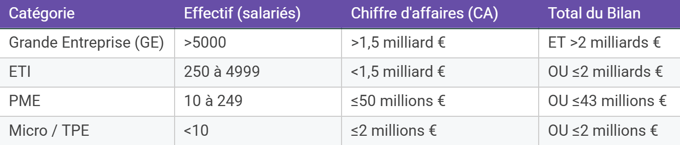 Tableau comparatif des catégories d'entreprises (GE, ETI, PME, Micro/TPE) selon l'effectif, le chiffre d'affaires et le total du bilan.